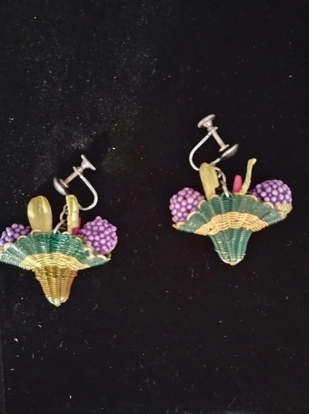 Handcrafted Green and Purple Woven Basket Floral Clip-On Earrings